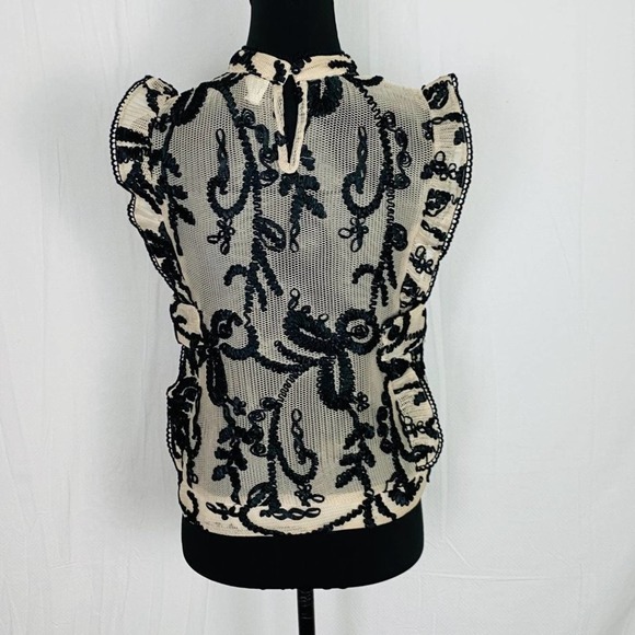 dRA Los Angeles Womens Floral Embroidered Tulle Top Small Ruffle Sleeve - Picture 4 of 13